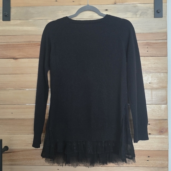 Garnet Hill Black 100% Cashmere Shirttail Pullover Sweater Layered Silk lace tri - Picture 3 of 9